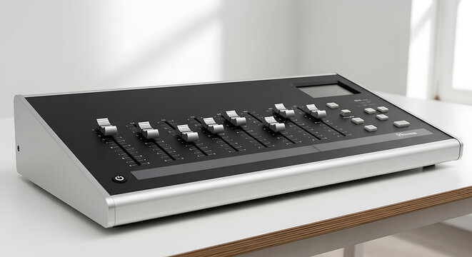 Audio mixing console with faders and buttons on a white surface board