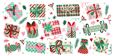 Hand drawn retro Christmas gift boxes with holiday wrapping paper and ribbons illustration set. Whimsical cute vector cartoon presents isolated on white background. Perfect for cards, banners design.