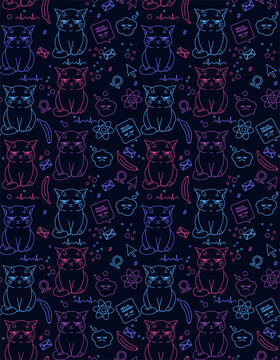 Seamless pattern of glowing line-art grumpy cats. Vector illustration. Cute cats series.