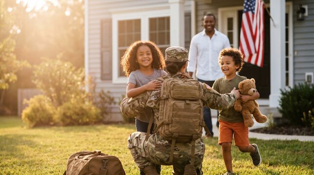 An emotional returning soldier embracing her son and daughter in the front yard of their house.