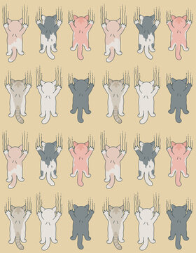 Seamless pattern with cute cartoon cats scratching on a wall. Vector illustration. Cute cats series.