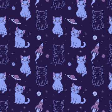 Cute space cats with rockets, moons and planets. Seamless pattern on dark violet background. Vector illustration. Cute cats series. 