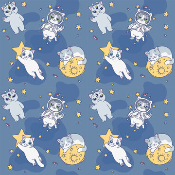 Seamless pattern of cute space cats on a blue background. Vector illustration. Cute cats series. 