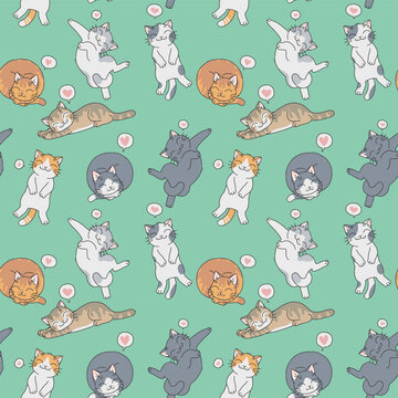 Seamless pattern of resting cartoon cats on a green background. Vector illustration. Cute cats series. 