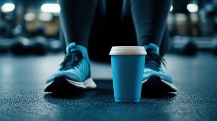Fototapeta premium A person in blue athletic shoes sits on the floor beside a blue disposable coffee cup, presumably in a gym or workout space.