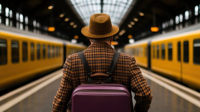 A person in a checkered coat and brown hat stands on a train platform with a purple backpack, flanked by two yellow trains.