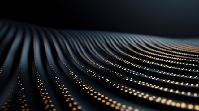 A dark, wavy surface features evenly spaced glowing dots in parallel lines, forming a flowing, futuristic pattern.