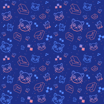 Pixel cats and keyboard buttons on the blue background. Vector seamless pattern. Cute cats series.