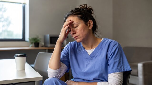 Female healthcare worker in blue scrubs sitting in a break room, looking exhausted with hand on forehead, coffee cup nearby, conveying fatigue and stress