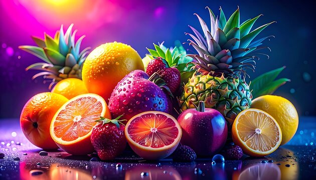 A vibrant still life of assorted fruits on a reflective surface (7)