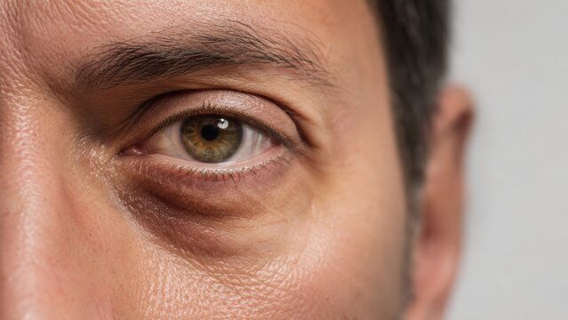 Close-up of male eye with natural skin texture and light reflection in detailed macro shot