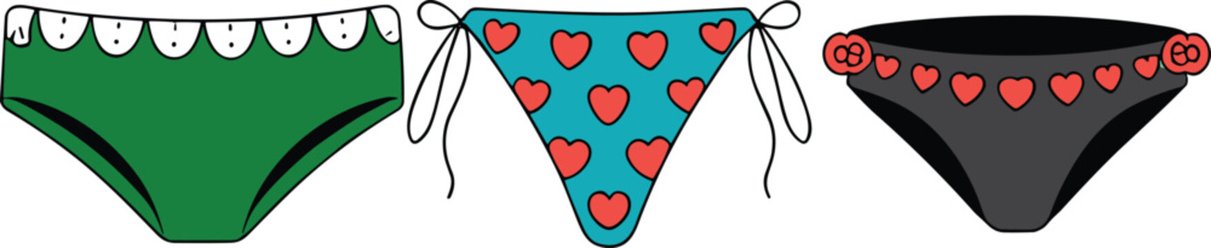 Set of women's bikini bottoms technical sketch featuring assorted styles with heart patterns and decorative trims