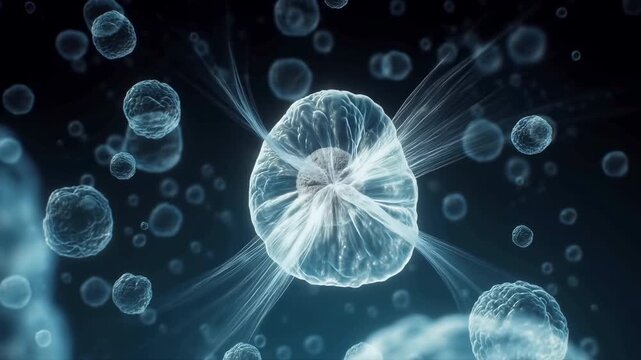 Translucent spherical cell with radiating filaments in microscopic dark space
