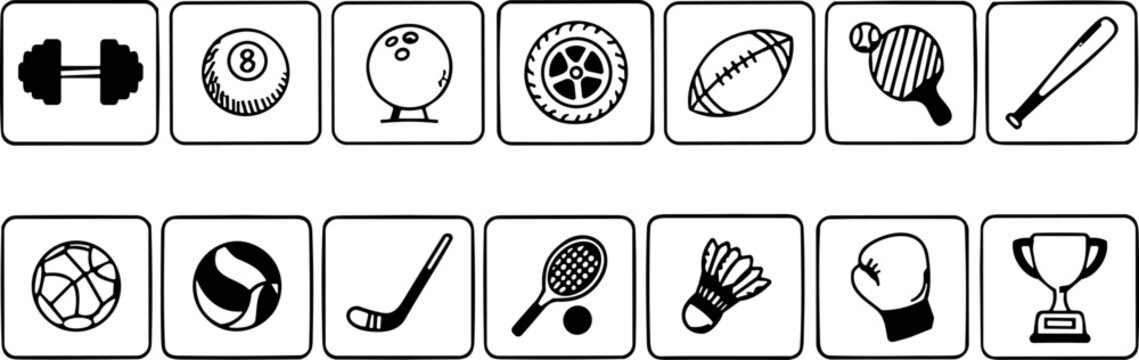 Collection of various sports equipment and icons arranged in two rows on a transparent background