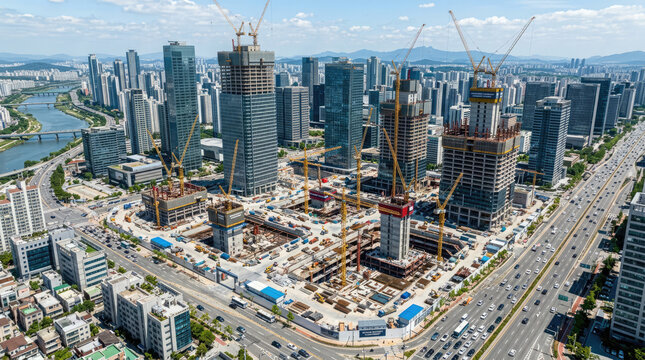 Aerial view of large city construction site with cranes and under development skyscrapers, building