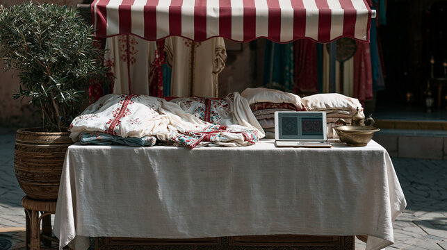 Market stall in Marrakech displaying hand-embroidered caftans alongside a tablet showing digital pattern designs, tradition and technology side by side under striped awning shade,