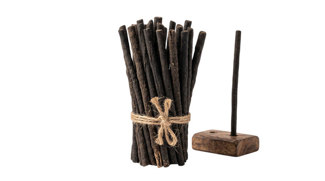 Dark incense sticks bundle with wooden holder, isolated on transparent background