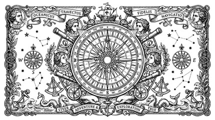 nautical compass, vintage compass, sailing ship, anchor art, maritime illustration, exploration crest, black and white engraving, ocean navigation, adventure map, hand drawn outline engraving vector i © Tanan