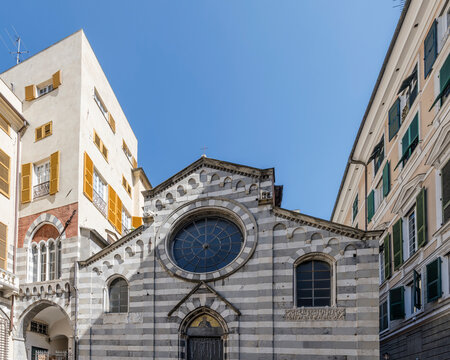 decorated Romanesque facade of san Matteo church in central district, Genova