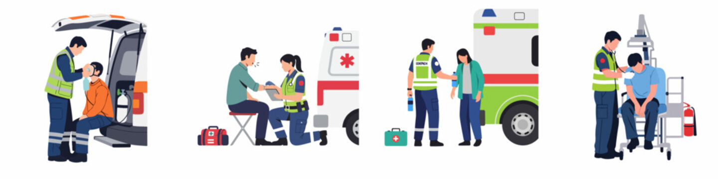 Set of illustrations showing paramedics providing emergency medical care and first aid to patients near an ambulance.