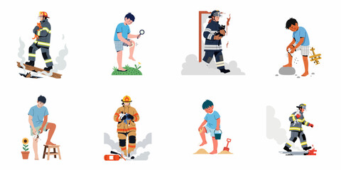 Fototapeta premium Collection of illustrations featuring firefighters rescuing cats from fire and smoke, and a young boy applying first aid to a scraped knee.