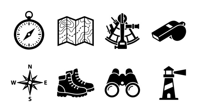 Outdoor Adventure Icons: Compass, Map, Sextant, Whistle, Boots, Binoculars, Lighthouse, Wind Rose - Navigation and Exploration Set