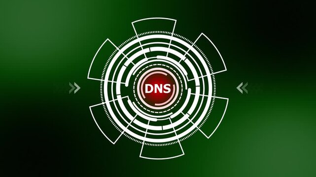 DNS Domain Name System HUD Animation: Futuristic Tech Circular Interface with DNS Acronym on Green Abstract Background Loop