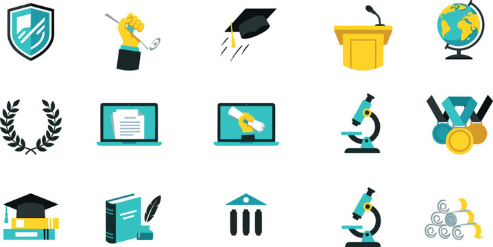 Vector flat graphic icon set featuring university graduation and online learning elements including academic caps diplomas gold medals laptop and microscope