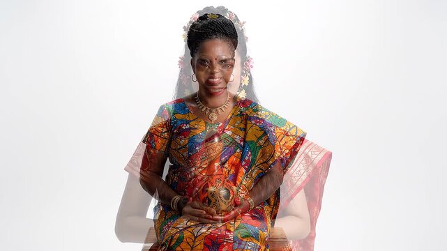 Woman in red sari with gold cup and floral hair adornments