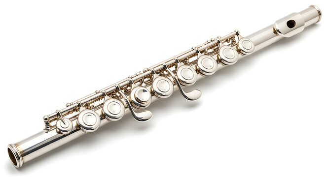 Silver flute with keys on a white background detailed musical instrument photography