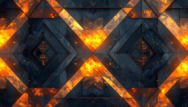 A vibrant, symmetrical pattern of orange and black geometric shapes