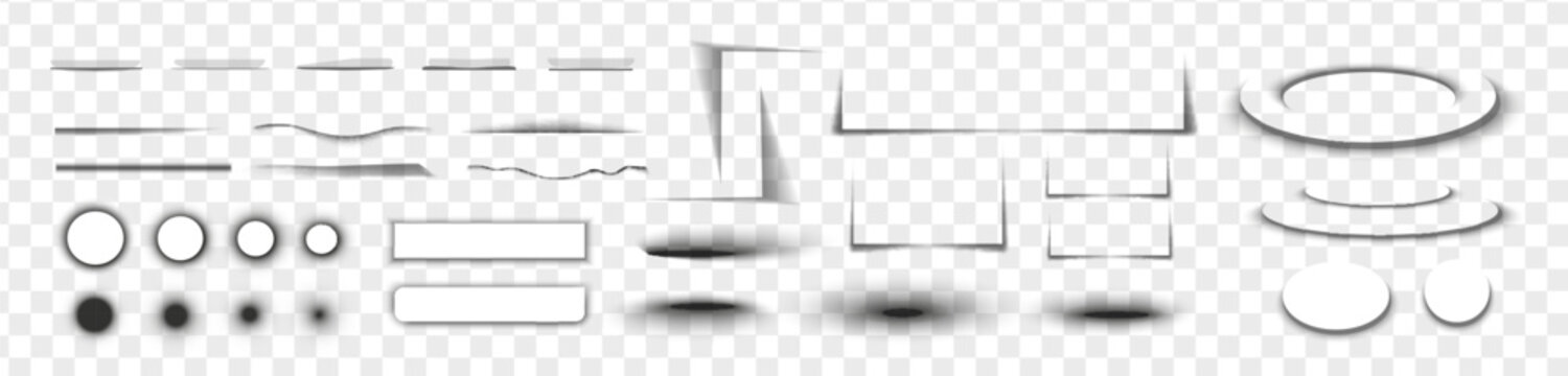 Square and rectangle box shadow effects. Realistic overlay and transparent shadows vector set, shades falling from objects on floor with soft black edges and dark corners, transparent background
