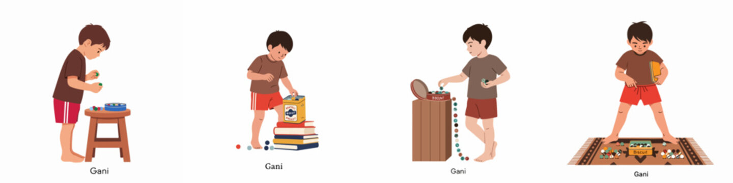 Set of vector illustrations depicting a young boy named Gani engaged in play with colorful marbles and common household items like books and tins.