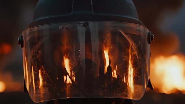 Riot helmet visor reflecting firelight close-up during unrest response, showing protective gear, crowd control risk, public safety operations, security pressure, law enforcement presence in emergency