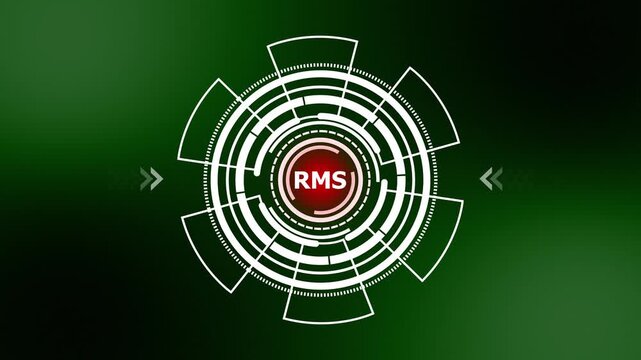 RMS Risk Management System HUD Animation: Futuristic Tech Circular Interface with RMS Acronym on Green Abstract Background Loop