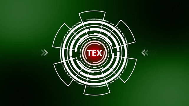 TEX File Format HUD Animation: Futuristic Tech Circular Interface Element with TEX Text on Green Abstract Background Loop