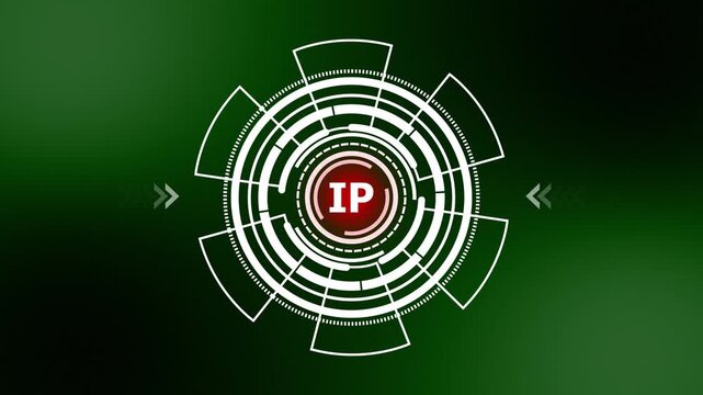 IP Address Internet Protocol HUD Animation: Futuristic Circular Tech Interface Element with IP Text on Green Abstract Background Loop