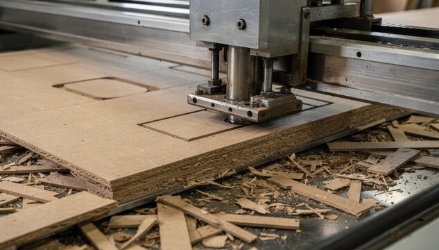 Closeup of diecutting machine shaping thick chipboard covers and dividers with precision highlighting industrial cutting process on a factory line.