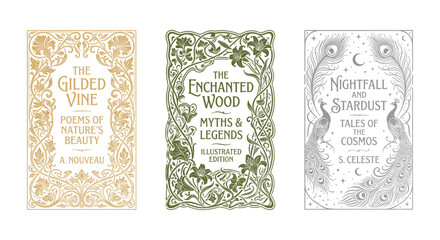 Vintage Art Nouveau book cover set, 3 ornate floral and celestial illustrations, elegant gold and green botanical frames for myths and poetry © Angel