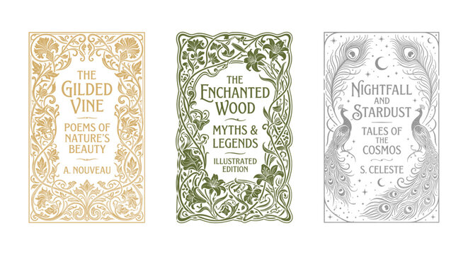 Vintage Art Nouveau book cover set, 3 ornate floral and celestial illustrations, elegant gold and green botanical frames for myths and poetry
