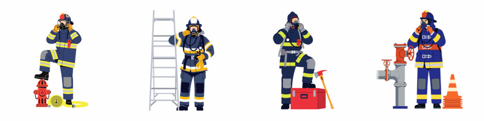 Fototapeta premium Collection of Firefighters in Uniform with Firefighting Equipment and Tools Isolated on White Background