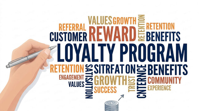 Word cloud graphic with "Loyalty Program" central, surrounded by business concepts and a hand holding a pen, symbolizing customer engagement and business strategy