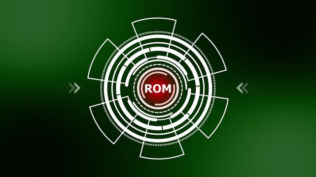 Computer ROM Memory HUD Animation: Futuristic Tech Circular Interface Element with Read Only Memory Text on Green Abstract Background Loop
