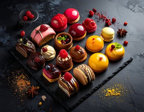 Assorted colorful desserts on a black tray with garnishes