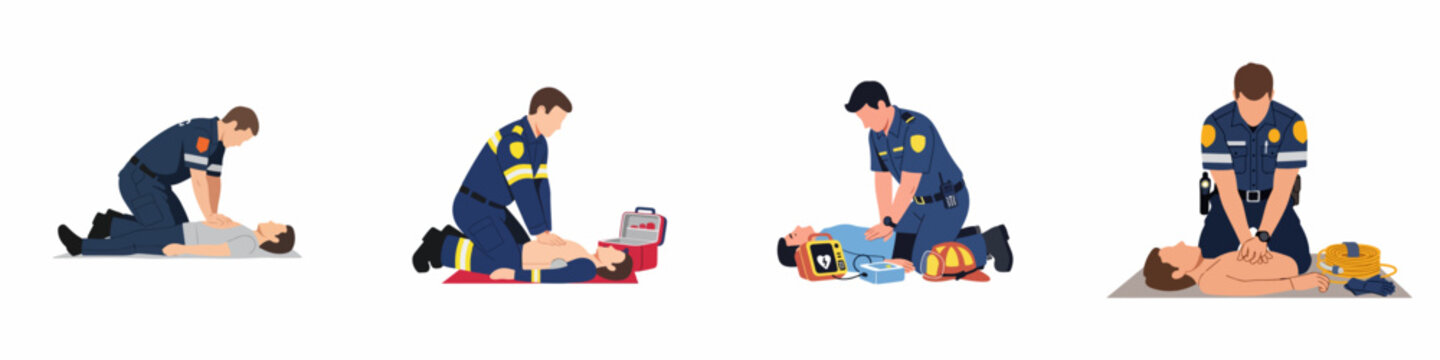 Set of illustrations showing first responders including paramedics, firefighters, and police officers performing CPR and using a defibrillator on a patient.