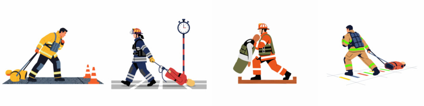 Set of illustrations showing firefighters in protective gear performing various rescue drills and physical fitness training exercises with weighted dummies on white background.