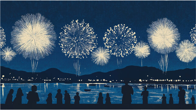 夜空に大きな花火が打ち上がる湖畔の風景、夏祭りやイベントを感じる幻想的な背景素材