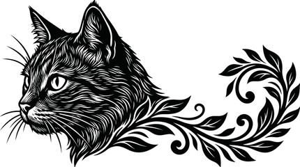 Obraz premium Ornate black cat head with floral swirl tail, elegant feline tattoo style vector illustration for decals and apparel