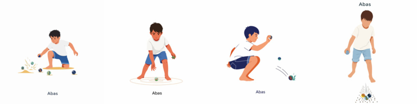 Illustration set of a young boy playing the traditional marble game Abas in various crouching and standing positions.