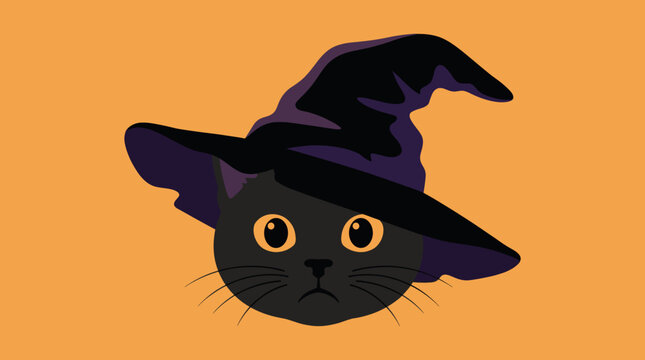 Cute black cat face wearing purple witch hat Halloween vector illustration on orange background for festive design